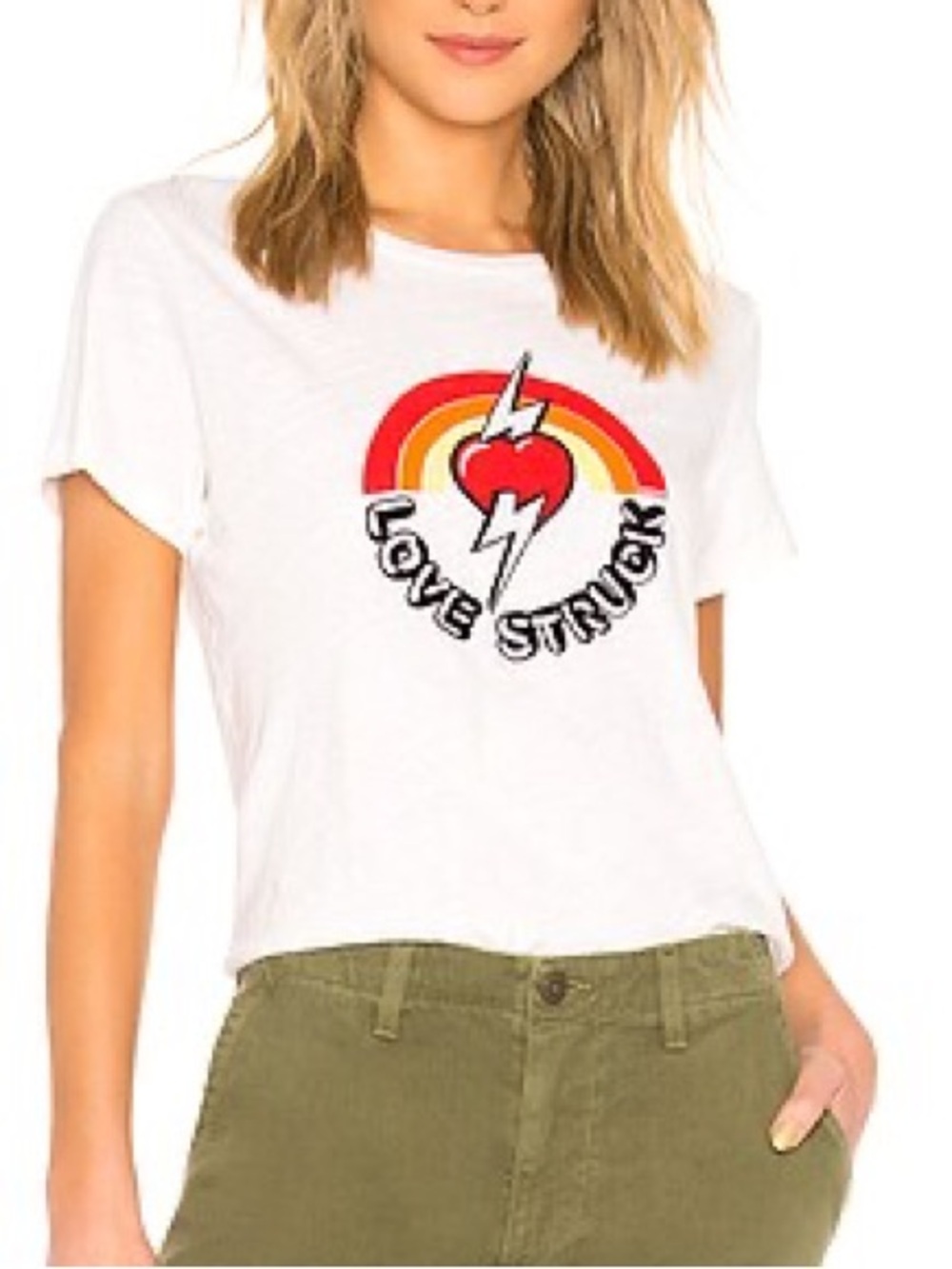 Re/Done Cream Long Sleeve Tee with Rainbow Heart Graphic